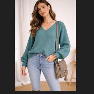 Lulus V Neck Sweater L Teal Blouson Sleeve Cotton Blend Cozy Chic Knit